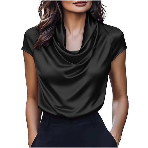 Htigea Women's Cowl Neck Blouse Satin Cap Sleeve Tops Dressy Work Office Shirts Elegant Going Out Tee Black S