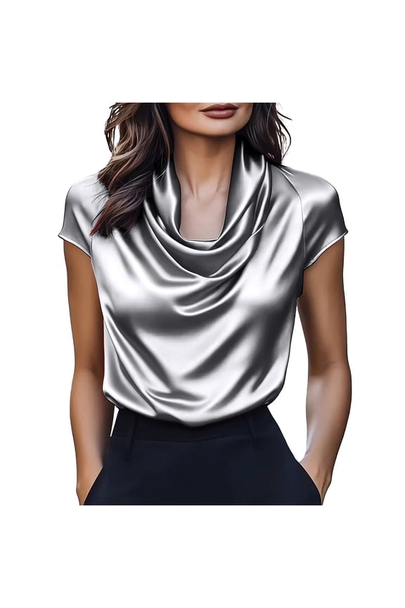 Women's Cowl Neck Blouse Satin Cap Sleeve Tops Dressy Work Office Shirts Elegant Going Out Tee Gray S