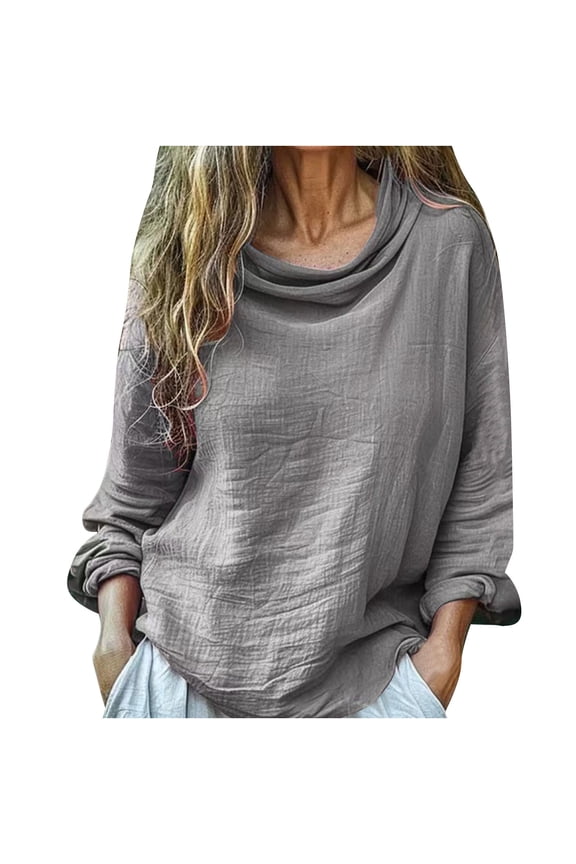 Women's Cowl Neck Tops Cotton Linen Long Sleeve Casual Loose Fit Tops Solid Color Beach Travel Everyday Shirts Gray L
