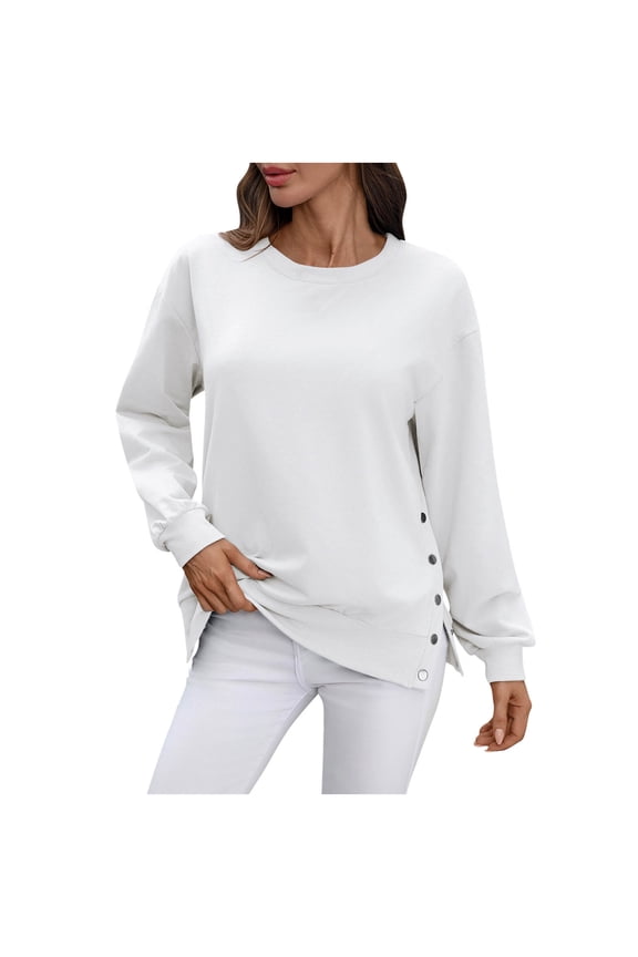 Women's Crew Neck Long Sleeve Sweatshirt Side Snap Split Tops Casual Loose Pullover Blouse White S