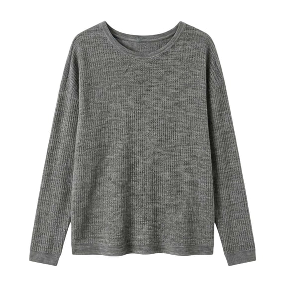 Htigea Women's Crew Neck Long Sleeve T Shirts Waffle Knit Tops Baggy Drop Shoulder Pullover Shirt Casual Daily Weekend Going Out Tees Gray S