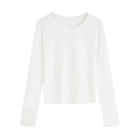 Htigea Women's Crew Neck Long Sleeve Tops Casual Daily Base Layer Shirts Solid Color Fall Winter Pullover Tee White L
