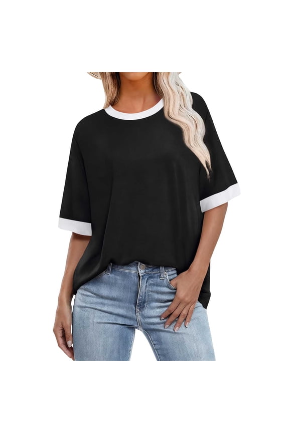 Women's Crew Neck Short Sleeve Tops Preppy T-Shirts Color Block Tees Casual Loose Fit Daily Tshirt Summer Shirts Black XXL