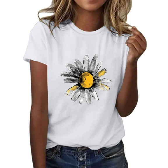 Htigea Women's Crew Neck Short Sleeve Tshirts Cotton Daisy Graphic Tees Lightweight Summer Casual T-Shirts Outdoor Active Tops White,L