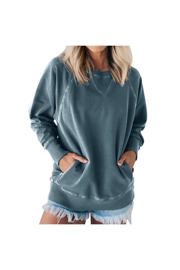 Women's Crew Neck Sweatshirts Oversized Long Sleeve Casual Tops Loose Pullover Basic Sweatshirt with Pockets Navy M