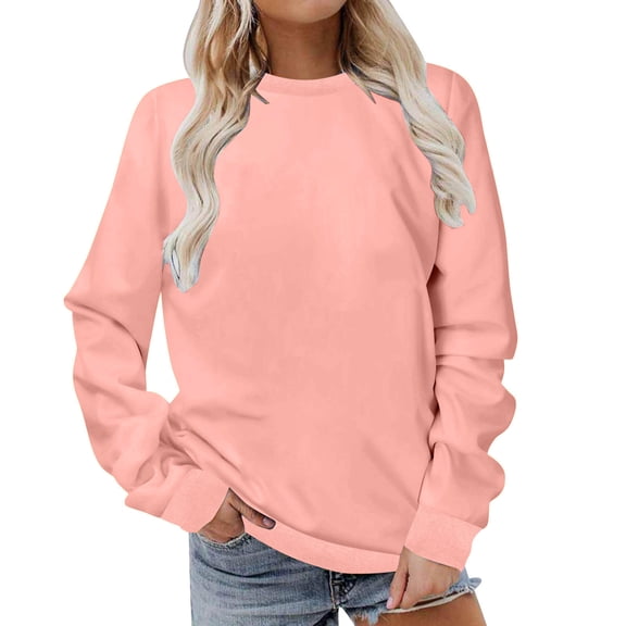 Htigea Women's Crew Neck Sweatshirts Thin Fleece Long Sleeve Pullover Fall Winter Outfits | Casual Basic Tops, Solid Color, Loose Fit, Daily & Going Out Wear Pink S