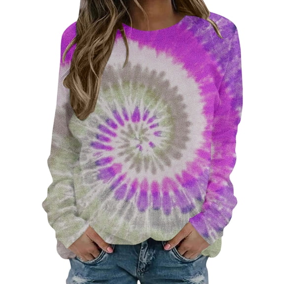 Htigea Women's Crew Neck Sweatshirts Trendy Tie-Dye Print Long Sleeve Fall Clothes Casual Loose Fit Pullover Tops Purple S