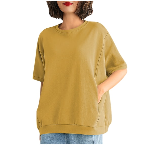 Htigea Women's Crew Neck T-Shirt Oversized Casual Loose Short Sleeve Tee Summer Athletic Workout Pullover Tops with Pockets Yellow XXXXL
