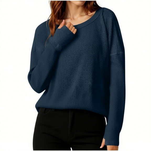 Htigea Women's Crew Neck T-Shirts Waffle Drop Shoulder Long Sleeve Casual Loose Fit Shirt Solid Everyday Tee Top Dark Blue S