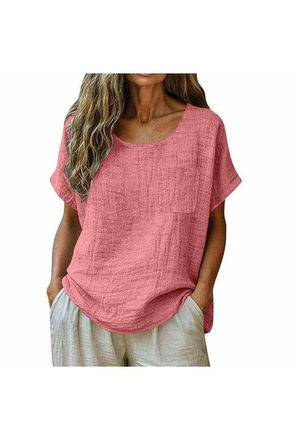 Women's Crew Neck Tee Linen Short Sleeve T Shirts Casual Loose Fit Pullover Summer Gauze Tops with Chest Pocket Hot Pink S