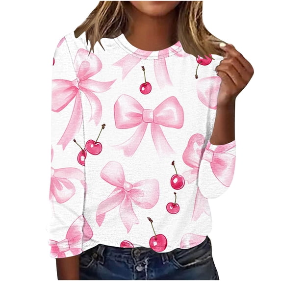 Htigea Women's Crew Neck Tops Cute Bow Graphic T-Shirts Casual Loose Pullover Soft Comfy Fall Blouse Pink M