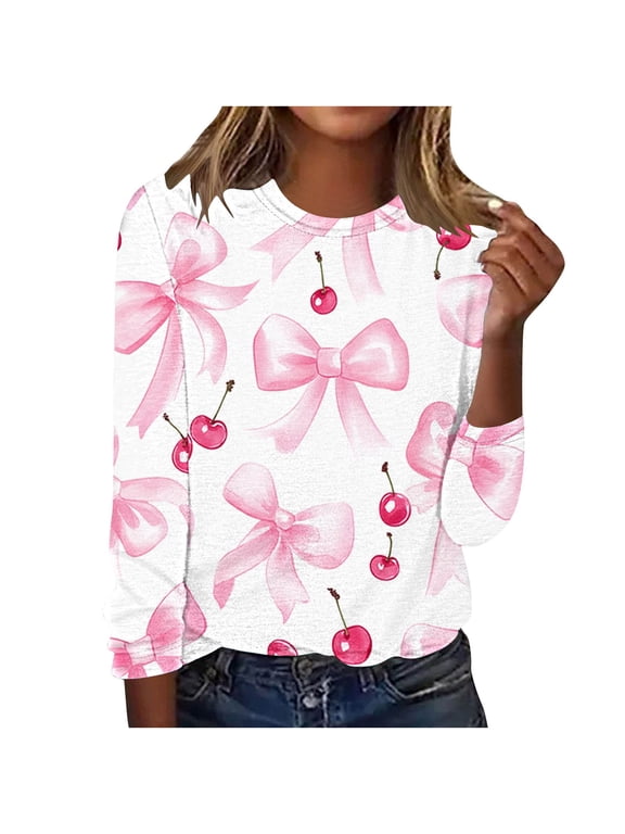 Women's Crew Neck Tops Cute Bow Graphic T-Shirts Casual Loose Pullover Soft Comfy Fall Blouse Pink M