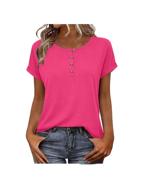 Women's Crewneck Henley Shirts Summer Short Sleeves Solid Color Casual Everyday Versatile Tops Hot Pink L