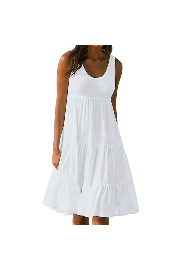 Women's Crewneck Sleeveless Dress Summer Knee Length Ruffle Dresses Solid Color Casual Comfy Beach Vacation Sundress White,XXXXL