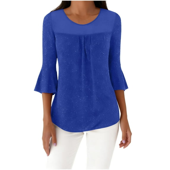 Htigea Women's Crewneck Tee Sequin 3/4 Sleeve Tunic Tops Mesh Breathable Cocktail Evening Party Shirts Blue S