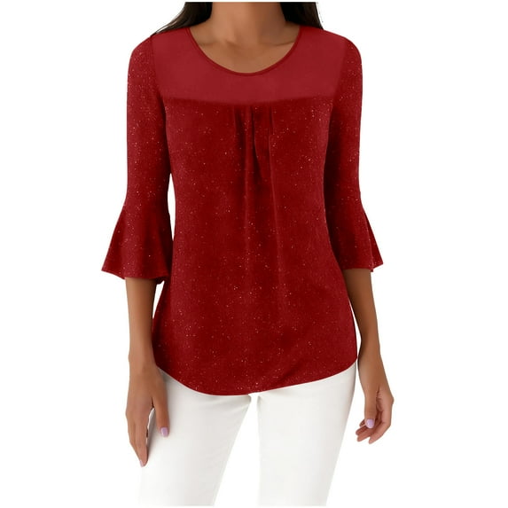 Htigea Women's Crewneck Tee Sequin 3/4 Sleeve Tunic Tops Mesh Breathable Cocktail Evening Party Shirts Red XL