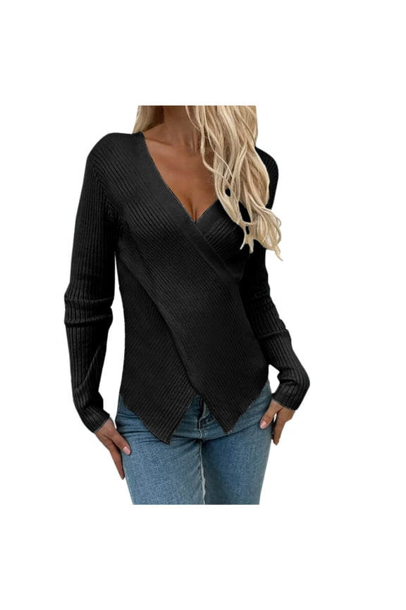 Women's Crisscross V-Neck Sweaters Long Sleeve Knit Wrap Base Layer Jumpers Slim Fit Pullover Tops Black L
