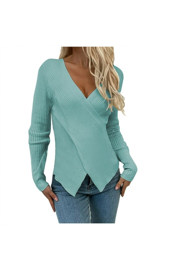 Women's Crisscross V-Neck Sweaters Long Sleeve Knit Wrap Base Layer Jumpers Slim Fit Pullover Tops Blue S