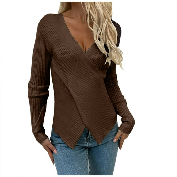 Htigea Women's Crisscross V-Neck Sweaters Long Sleeve Knit Wrap Base Layer Jumpers Slim Fit Pullover Tops Coffee L
