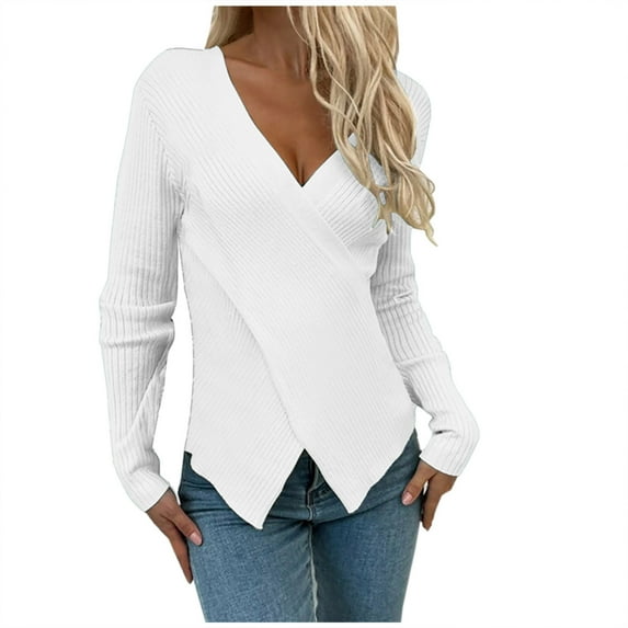 Htigea Women's Crisscross V-Neck Sweaters Long Sleeve Knit Wrap Base Layer Jumpers Slim Fit Pullover Tops White M