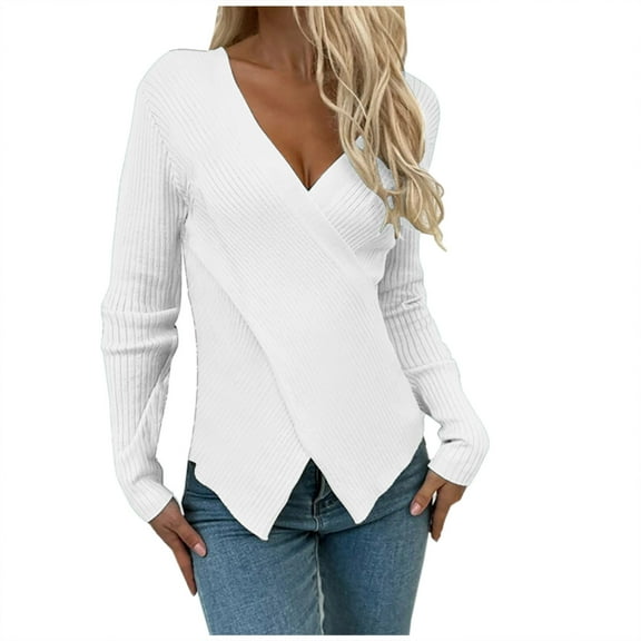 Htigea Women's Crisscross V-Neck Sweaters Long Sleeve Knit Wrap Base Layer Jumpers Slim Fit Pullover Tops White XL