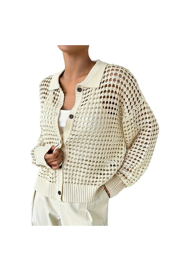 Women's Crochet Cardigan Sweater Hollow Out Long Sleeve Lapel Sweaters Lightweight Button Down Knit Cardigans Beige XL