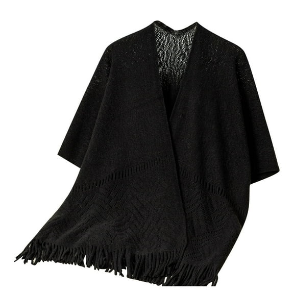 Htigea Women's Crochet Shawl Wraps Lightweight Open Front Knit Capes Young Ladies Cardigan Poncho with Fringe Black Free Size