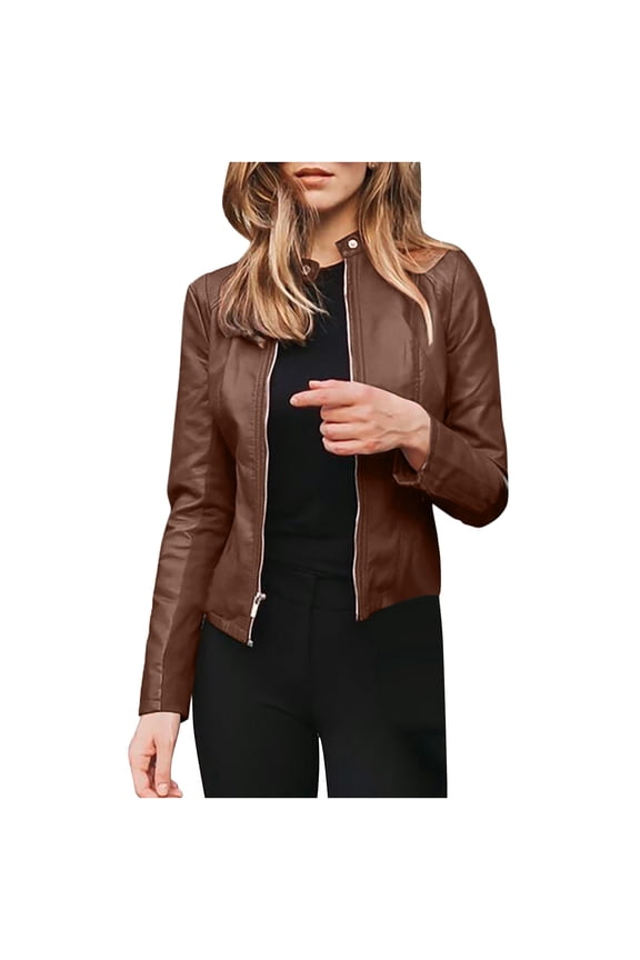 Women's Cropped Biker Jackets Faux Leather Motorcycle Coats Fall Zip Up Long Sleeve Outerwear Coffee L