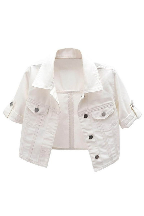 Women's Cropped Denim Jacket Button Down Collared Short Sleeve Jean Coats Petite Short Cardigan Jackets White XL