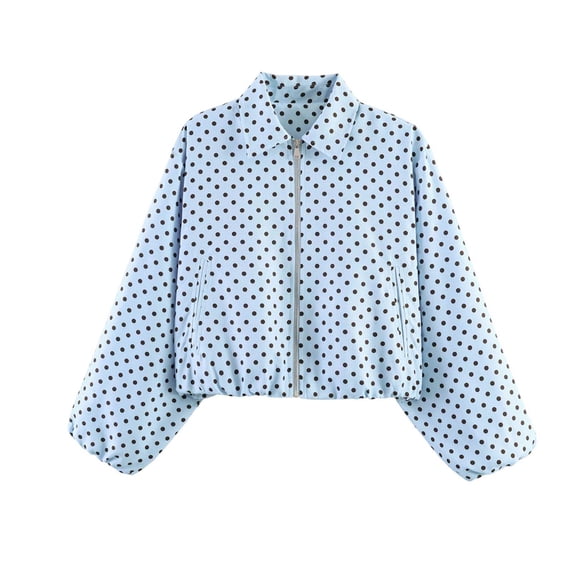 Htigea Women's Cropped Jackets Trendy Polka Dots Print Zip Up Coats Fall Long Sleeve Short Outerwear with Pockets Light Blue XL