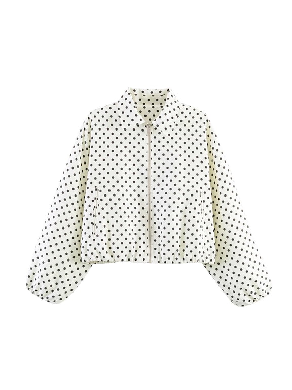 Women's Cropped Jackets Trendy Polka Dots Print Zip Up Coats Fall Long Sleeve Short Outerwear with Pockets White M