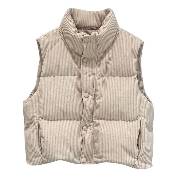 Htigea Women's Cropped Puffer Vest Corduroy Sleeveless Warm Outerwear Fall Winter Vests Lightweight Coat with Pockets Beige L