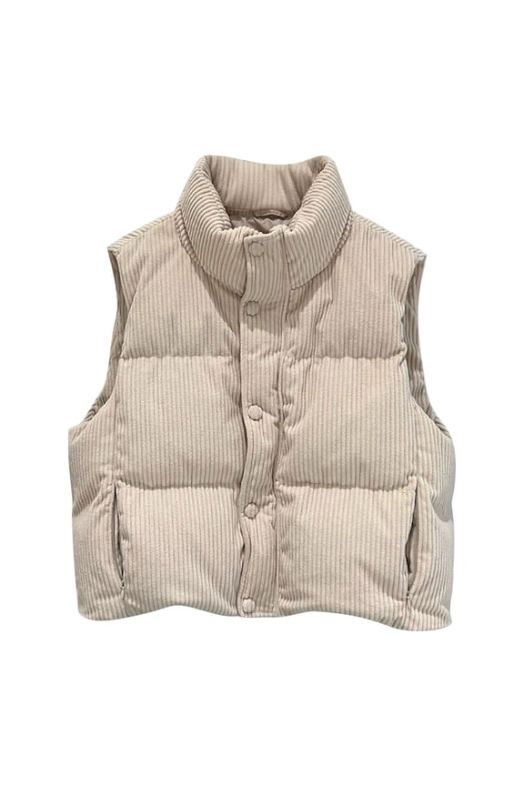 Women's Cropped Puffer Vest Corduroy Sleeveless Warm Outerwear Fall Winter Vests Lightweight Coat with Pockets Beige S