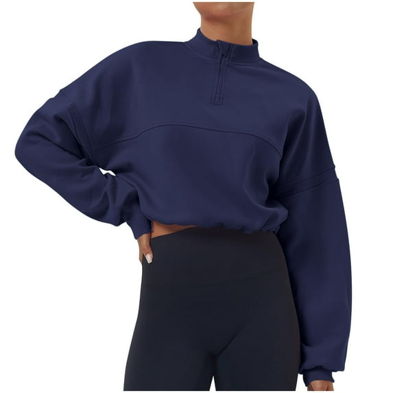 Htigea Women's Cropped Sweatshirts Quarter Zip Mock Neck Pullover Casual Loose Workout Tops Long Sleeve Sweatshirt Navy L