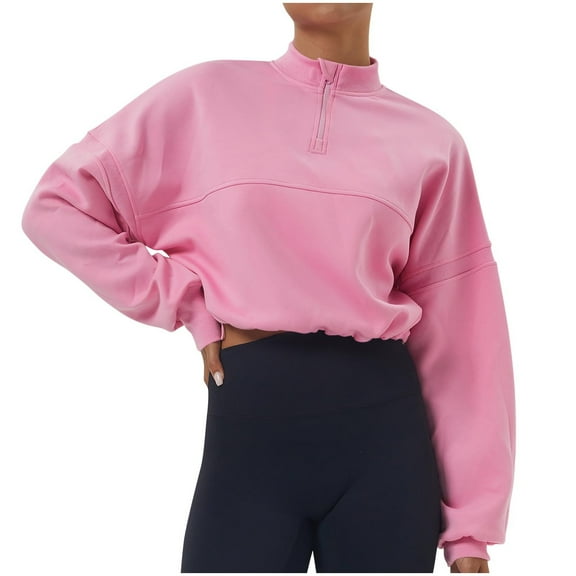 Htigea Women's Cropped Sweatshirts Quarter Zip Mock Neck Pullover Casual Loose Workout Tops Long Sleeve Sweatshirt Pink M