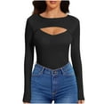 thumbnail image 1 of Htigea Women's Cut Out Front Tops Solid Crew Neck Long Sleeve Shirts Stretchy Slim Fit Tee Dressy Work Pullover Blouse Black M, 1 of 7