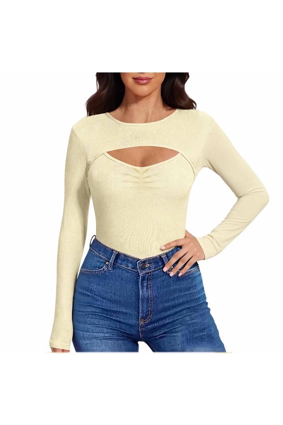 Women's Cut Out Front Tops Solid Crew Neck Long Sleeve Shirts Stretchy Slim Fit Tee Dressy Work Pullover Blouse Khaki S