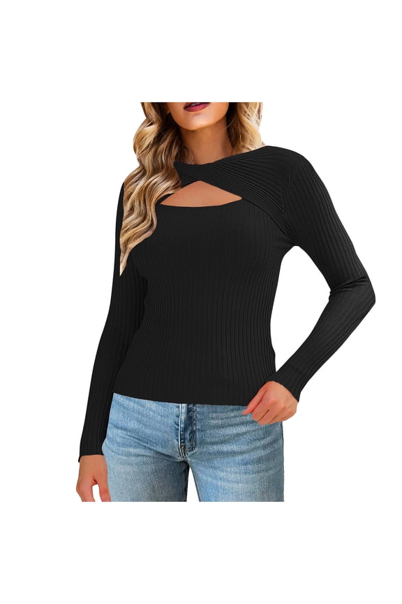 Women's Cutout Sweaters Ribbed Knit Long Sleeve Stretch Slim Fit Pullover Lightweight Fall Base Layer Tops Black L