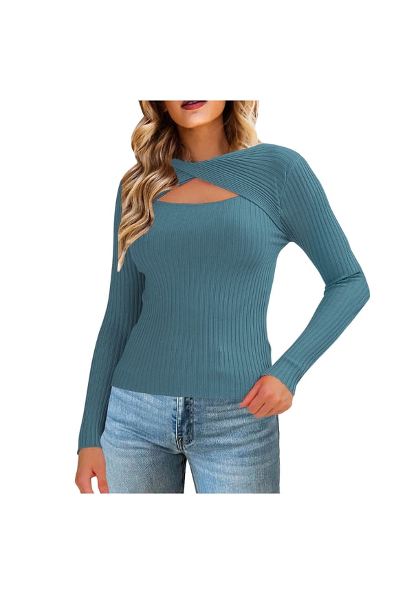 Women's Cutout Sweaters Ribbed Knit Long Sleeve Stretch Slim Fit Pullover Lightweight Fall Base Layer Tops Blue M