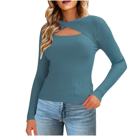 Htigea Women's Cutout Sweaters Ribbed Knit Long Sleeve Stretch Slim Fit Pullover Lightweight Fall Base Layer Tops Blue S