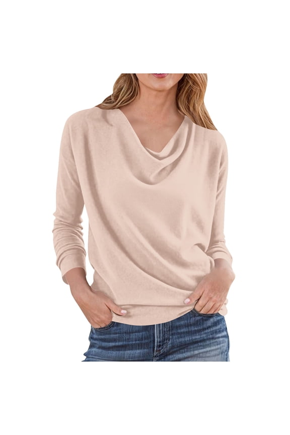 Women's Draped Cowl Neck Shirts Solid Long Sleeve Tunic Top Soft Cozy Work Blouses Beige S
