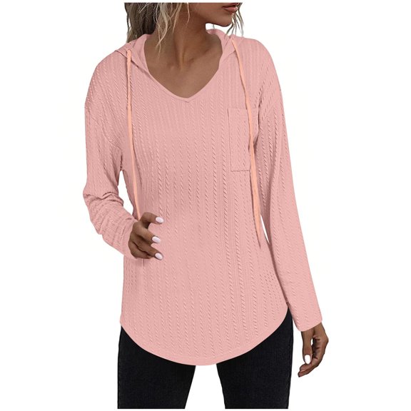 Htigea Women's Drawstring Hooded Tops Textured Long Sleeve Hoodies Casual Tunic Shirt with Chest Pocket Pink M