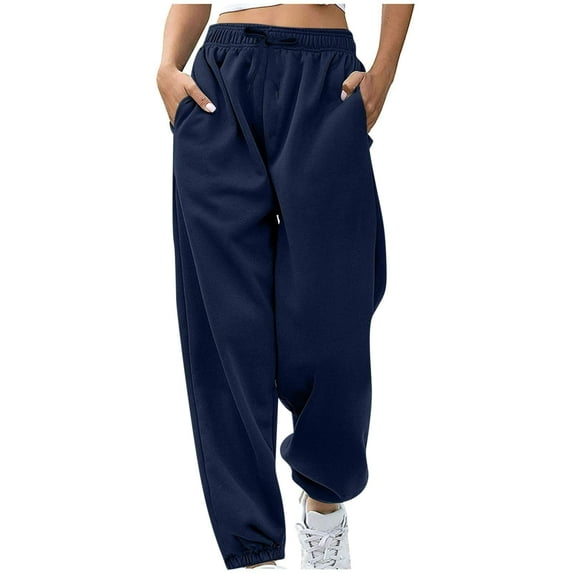 Htigea Women's Drawstring Sweatpants Solid Color Elastic Waisted Joggers with Pockets Casual Loose Sport Pants Navy S