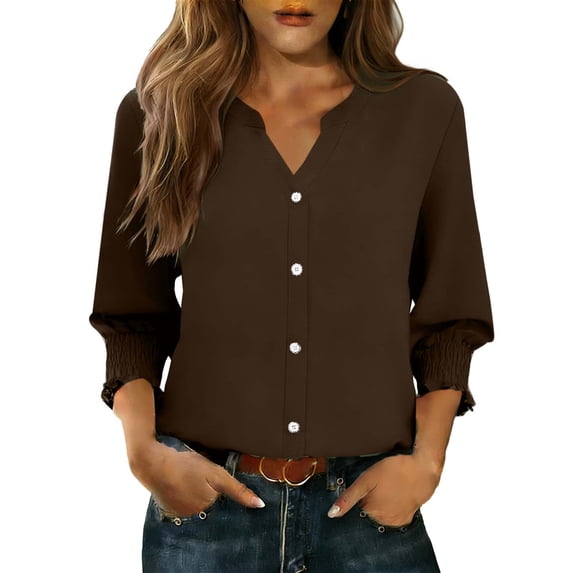 Htigea Women's Dressy Blouse Tops Smocked Cuffs 3/4 Sleeve Shirts Solid Color V-Neck Business Work Blouses Brown XXL