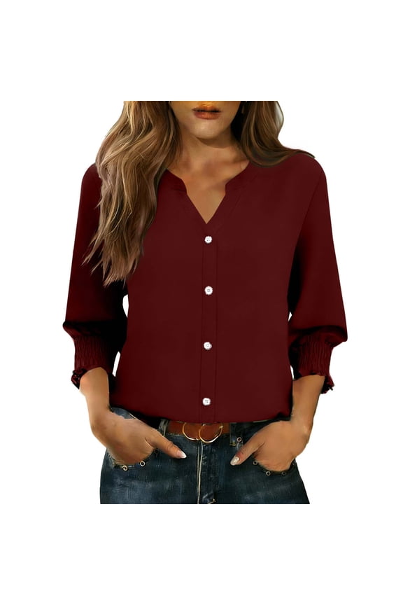 Women's Dressy Blouse Tops Smocked Cuffs 3/4 Sleeve Shirts Solid Color V-Neck Business Work Blouses Wine S