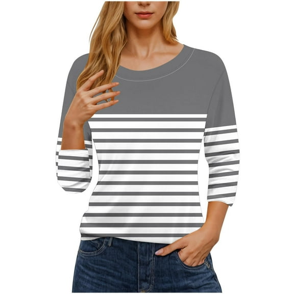 Htigea Women's Dressy Tshirts 3/4 Sleeve Crew Neck T Shirt Trendy Striped Print Tees Casual Loose Pullover Tops Tunic Blouse Dark Gray,L