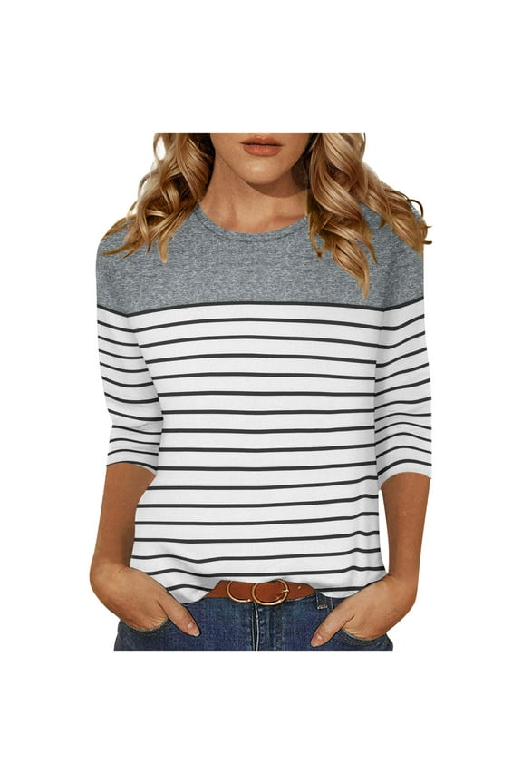Women's Dressy Tshirts 3/4 Sleeve Crew Neck T Shirt Trendy Striped Print Tees Casual Loose Pullover Tops Tunic Blouse Gray,M