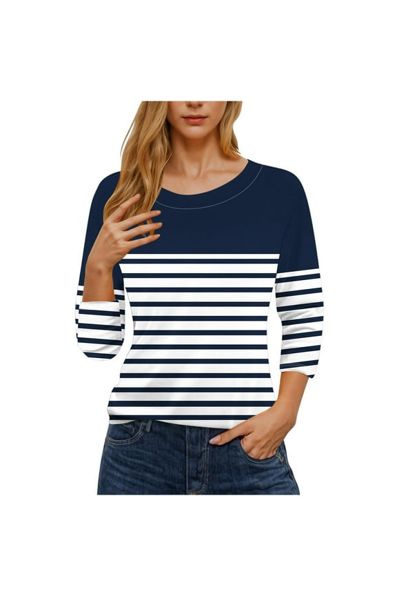 Women's Dressy Tshirts 3/4 Sleeve Crew Neck T Shirt Trendy Striped Print Tees Casual Loose Pullover Tops Tunic Blouse Navy,L