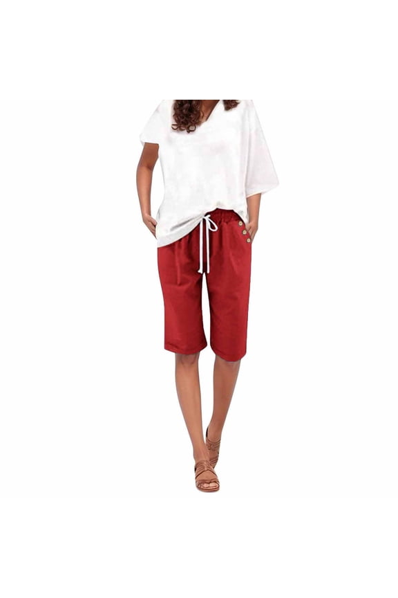 Women's Elastic Waist Bermuda Shorts Drawstring Knee Length Pants Pocket Lightweight Summer Beach Vacation Shorts Light Blue S