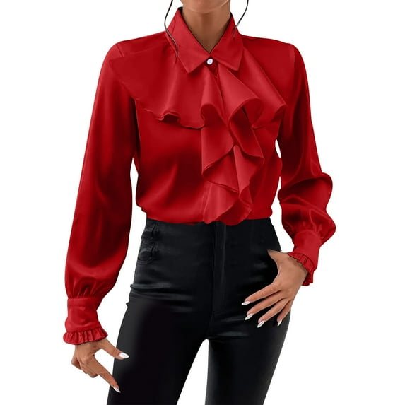 Htigea Women's Elegant Blouses Ruffle Trim Lapel Long Sleeve Shirts Dressy Festive Party Shirts Red L